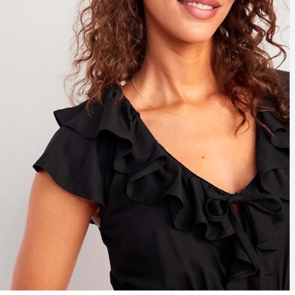 Old Navy Black Waist-Defined Ruffle-Trim Mini Dress